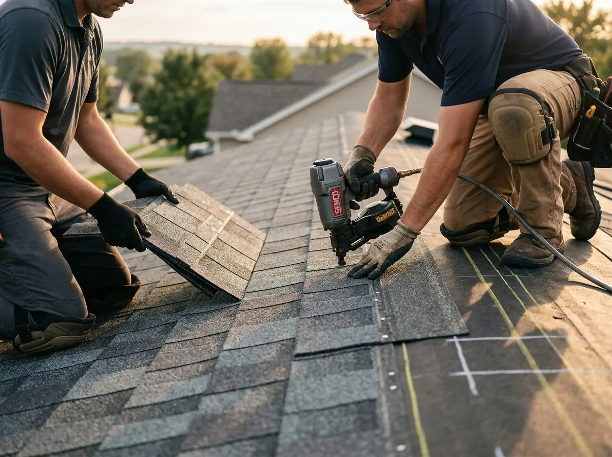 Professional roofer working on a residential roof in Richfield
